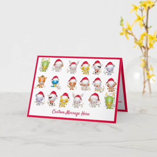 クリスマスベビーアニマルズサンタハットホリデーグリーティング カード (黄色い花)