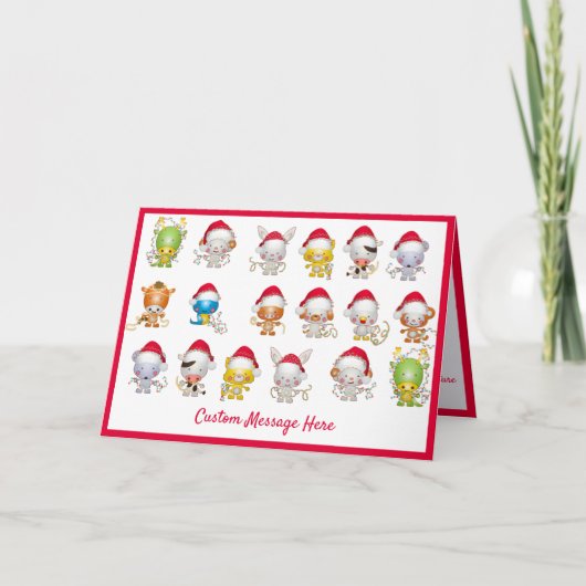 クリスマスベビーアニマルズサンタハットホリデーグリーティング カード (正面)