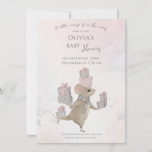 クリスマスベビーシャワーのプレゼントを贈るかわいいマウス 招待状 (正面)