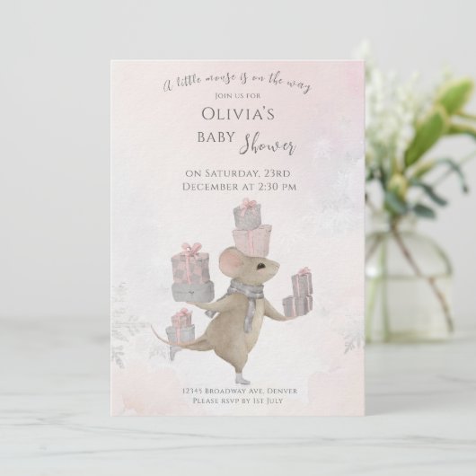 クリスマスベビーシャワーのプレゼントを贈るかわいいマウス 招待状 (スタンド正面)