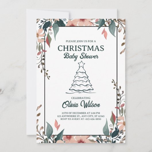 クリスマスベビーシャワーフローラ招待状ホワイトピンク 招待状 (正面)