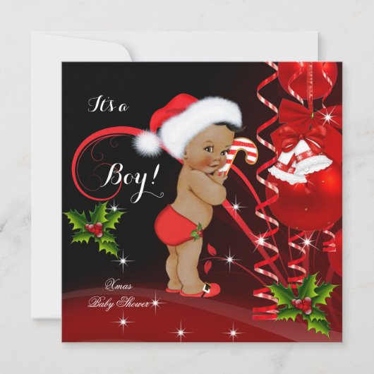 クリスマスベビーシャワーボーイレッドサンタ帽子エスニック 招待状 (正面)