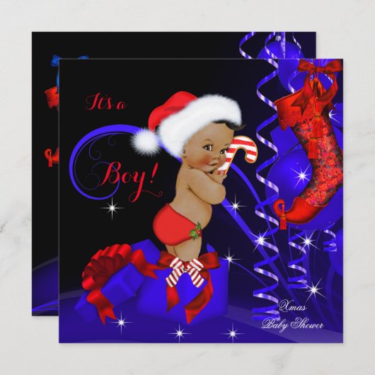 クリスマスベビーシャワーボーイレッドブルーエスニック 招待状 (正面/裏面)