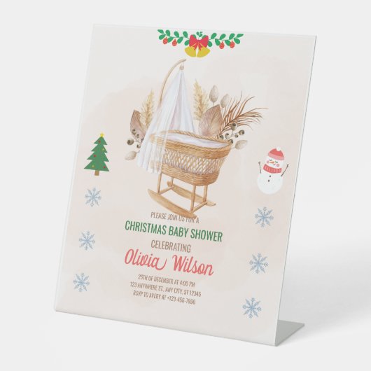 クリスマスベビーシャワー招待状ベージュとブラウン 台座サイン (正面)