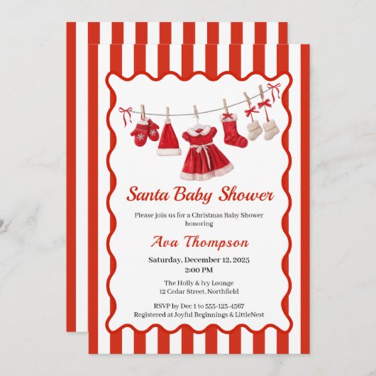 クリスマスベビーシャワー | サンタ服レッド&ホワイト 招待状 (正面/裏面)