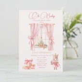 クリスマスベビーシャワー：ピンクのナツクラッカーの水色 招待状 (スタンド正面)