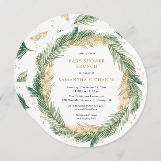 クリスマスベビーシャーブランチ緑の金ゴールドリース 招待状 (正面/裏面)
