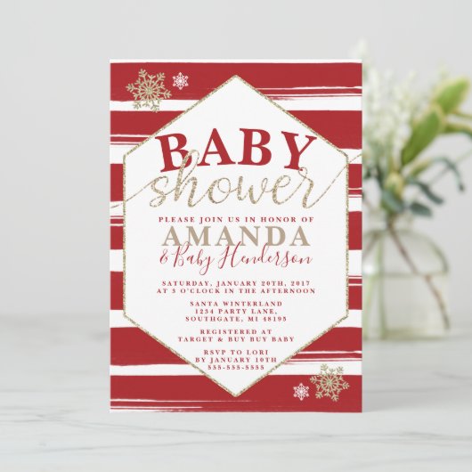 クリスマスベビーストライプのシャワー招待状 招待状 (スタンド正面)