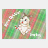 クリスマスベビーバニーグリーンレッドプレイド生地 ラッピングペーパーシート (正面)
