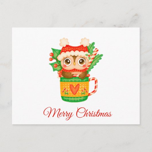 クリスマスベビーフクロウのお茶わんの中のお菓子 シーズンポストカード (正面)