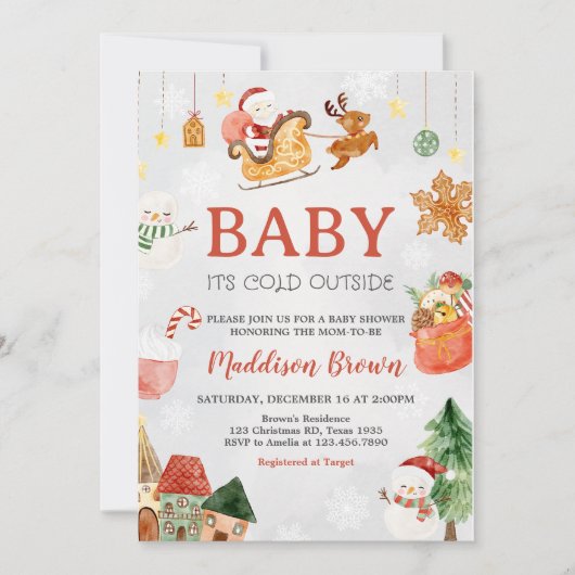 クリスマスベビーベビーシャワー外は寒い 招待状 (正面)