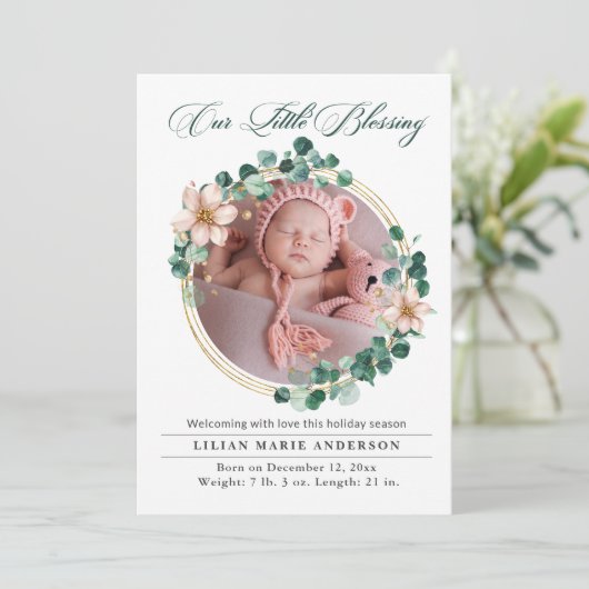 クリスマスベビーユーカリプトゥスポインセチア写真 シーズンカード (スタンド正面)