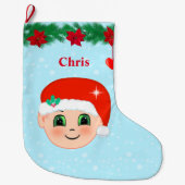 クリスマスベビー顔、ハート、ポインセチアと松 ラージクリスマスストッキング (正面)