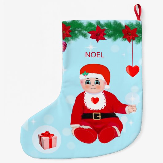 クリスマスベビー、ハート、ポインセチアと松 ラージクリスマスストッキング (裏面)