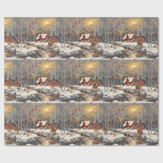クリスマスベビーFAWNウィンターレッドコテージ ラッピングペーパー (フラット)