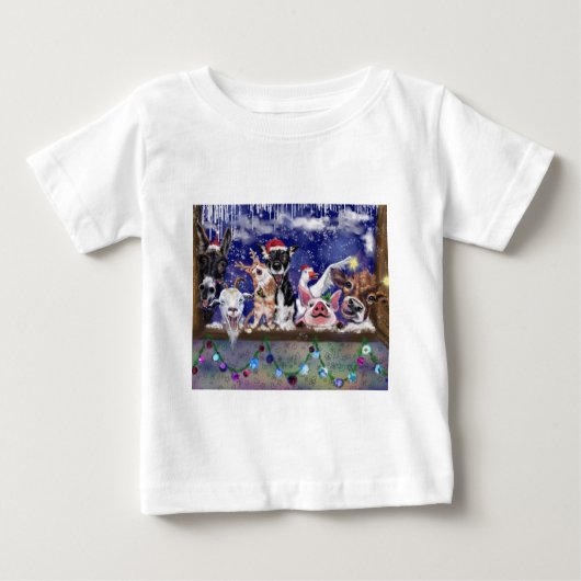 クリスマスベビーTシャツおもしろいファーム動物パーティー ベビーTシャツ (正面)