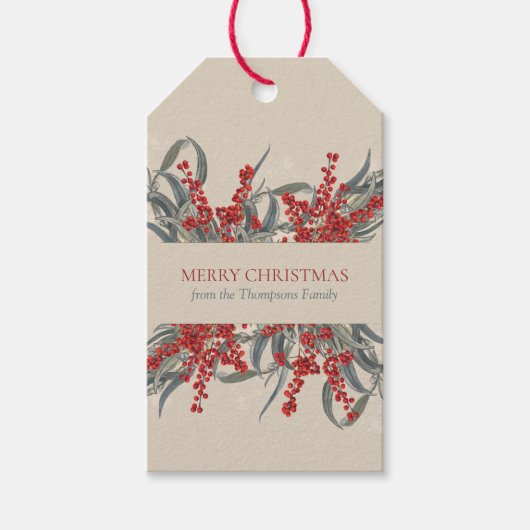 クリスマスベリーとユーカリ植物葉 ギフトタグ (正面)