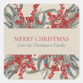 クリスマスベリーとユーカリ植物葉 スクエアシール (正面)