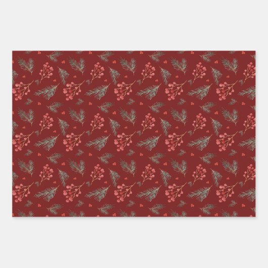 クリスマスベリーと松の枝 ラッピングペーパーシート (正面)
