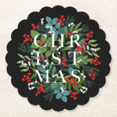 クリスマスベリーグリーンリーホリデーブラック ペーパーコースター (正面)