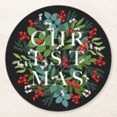 クリスマスベリーグリーンリーホリデーブラック ラウンドペーパーコースター (正面)