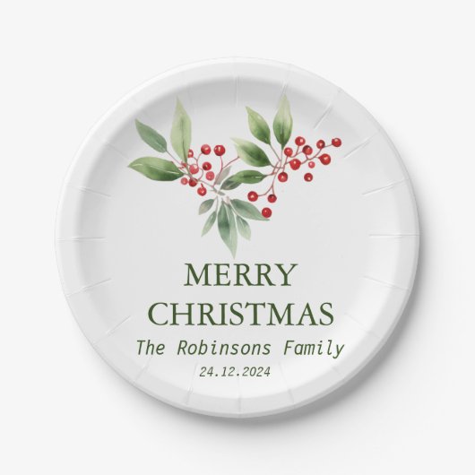 クリスマスベリーブランチウォーター色 ペーパープレート (正面)