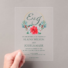 クリスマスベリーポインセチアリースモノグラム結婚ズ アクリル招待状