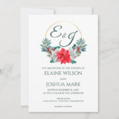 クリスマスベリーポインセチアリースモノグラム結婚ズ 招待状 (正面)