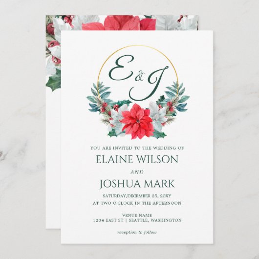 クリスマスベリーポインセチアリースモノグラム結婚ズ 招待状 (正面/裏面)