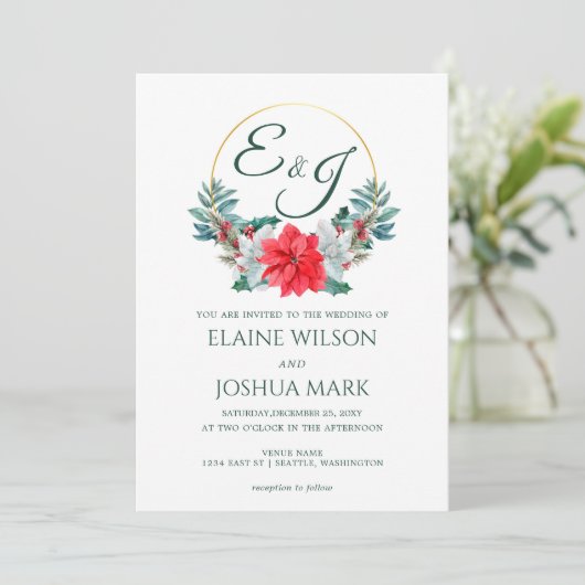 クリスマスベリーポインセチアリースモノグラム結婚ズ 招待状 (スタンド正面)