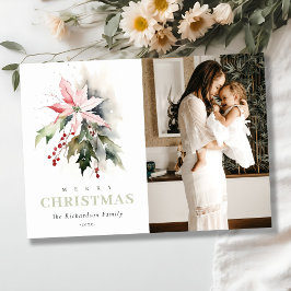 クリスマスベリーポインセチア動物水彩写真 シーズンカード