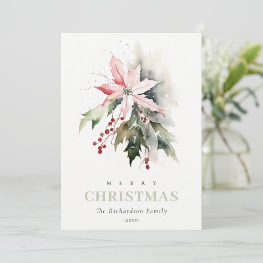 クリスマスベリーポインセチア動物水彩写真 シーズンカード (スタンド正面)