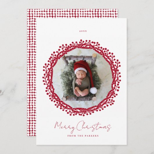 クリスマスベリーリースの写真カード 招待状 (正面/裏面)