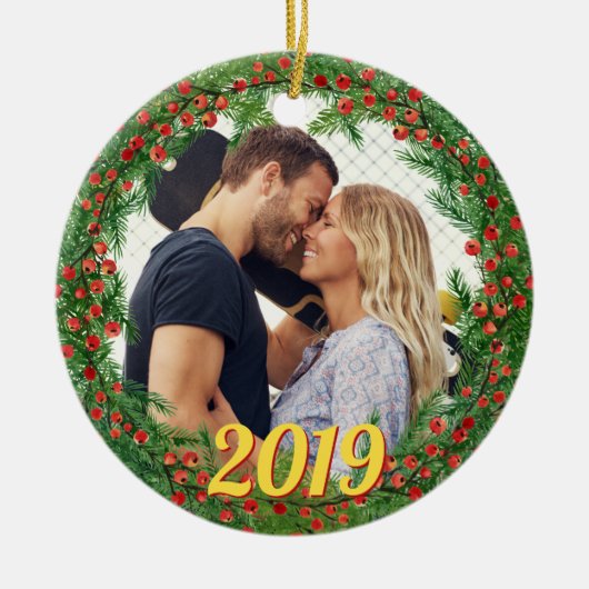 クリスマスベリーリースカスタム写真 セラミックオーナメント (正面)