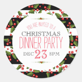 クリスマスベリーリースブラック&ホワイトストライプズ ラウンドシール