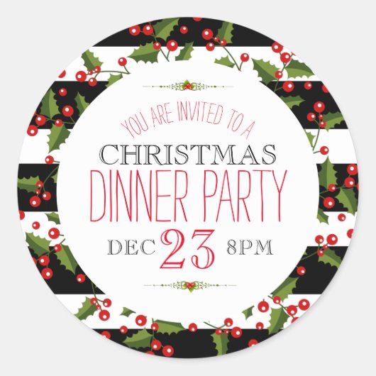 クリスマスベリーリースブラック&ホワイトストライプズ ラウンドシール (正面)
