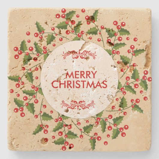 クリスマスベリー及び常緑リース ストーンコースター (正面)