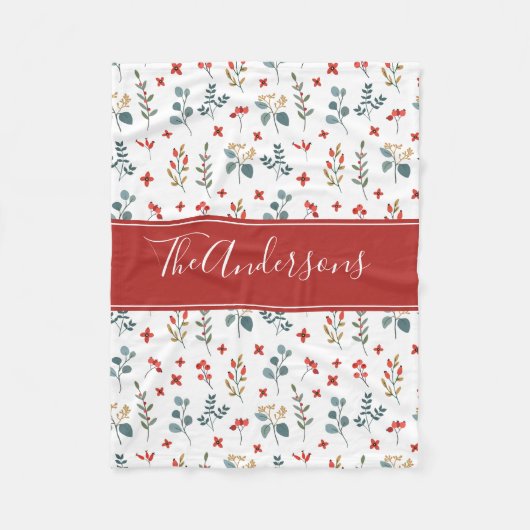 クリスマスベリー植物学パーソナライズされたフローラ フリースブランケット (正面)