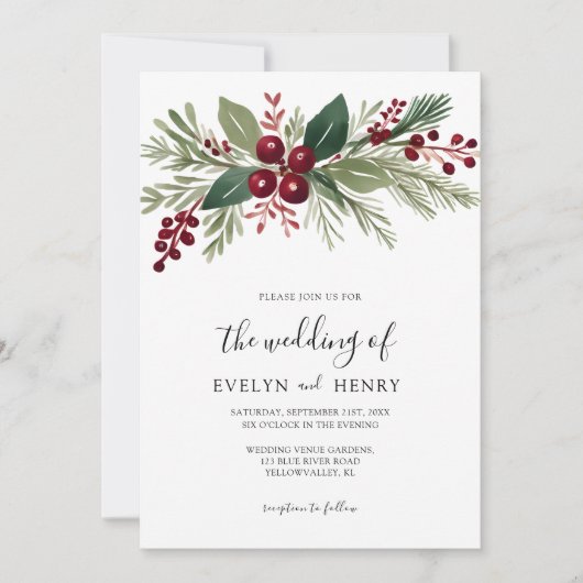 クリスマスベリー結婚の緑 招待状 (正面)