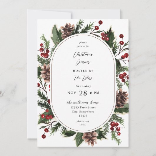 クリスマスベリー&パインクリスマスディナーまたはパーティー 招待状 (正面)