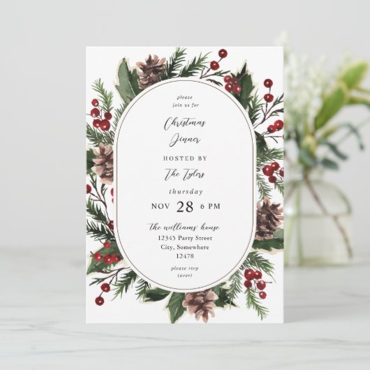クリスマスベリー&パインクリスマスディナーまたはパーティー 招待状 (スタンド正面)