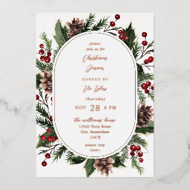 クリスマスベリー&パインクリスマスディナーまたはパーティー 箔招待状