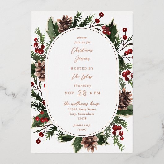 クリスマスベリー&パインクリスマスディナーまたはパーティー 箔招待状 (正面)