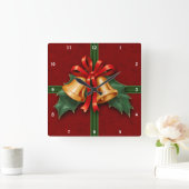 クリスマスベルとホリー葉ズ赤色 スクエア壁時計 (ホーム)