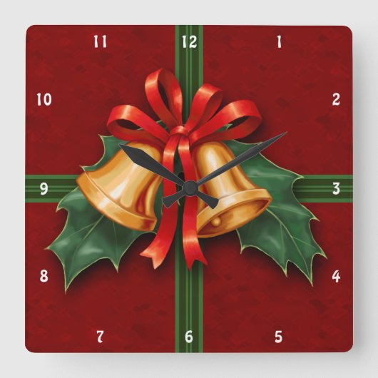 クリスマスベルとホリー葉ズ赤色 スクエア壁時計 (正面)