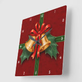 クリスマスベルとホリー葉ズ赤色 スクエア壁時計 (傾斜)