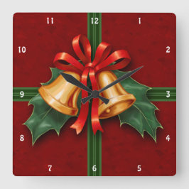 クリスマスベルとホリー葉ズ赤色 スクエア壁時計