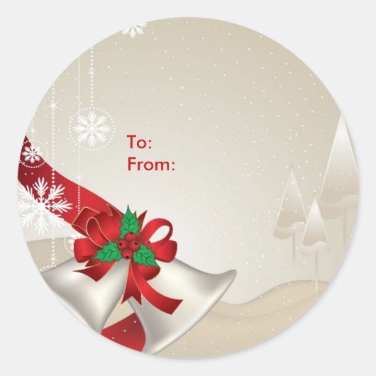 クリスマスベルとリボンのベージュ – ギフトラベル ラウンドシール (正面)
