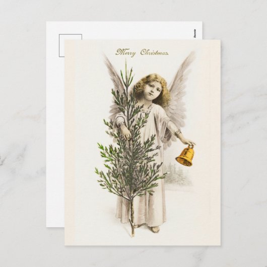 クリスマスベルを持つ天使ヴィンテージ シーズンポストカード (正面/裏面)