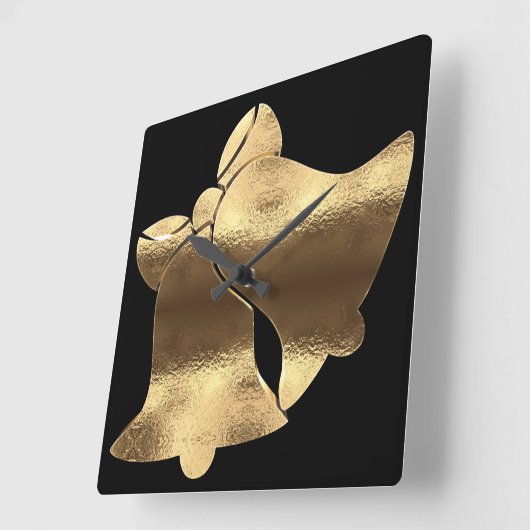 クリスマスベルズブラック金ゴールドルックフェスティバル エレガント スクエア壁時計 (傾斜)